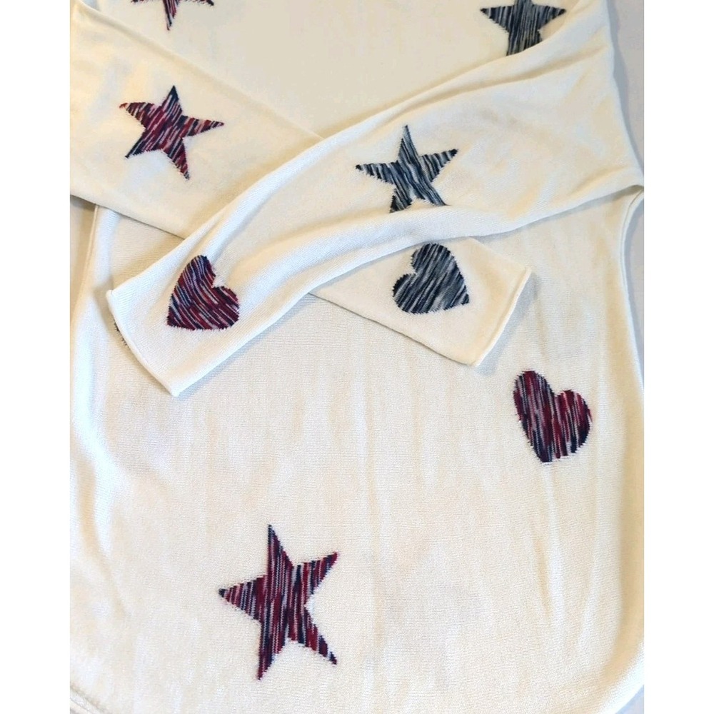 Women's Sweater Cashmere Blend L Hearts Stars White Pull Over Artsy Festival